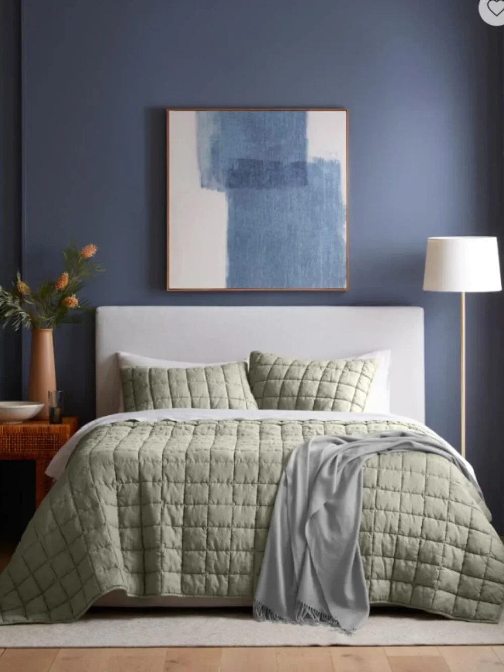 NIB Quince European Linen Box Quilt - Queen - Willowleaf Green